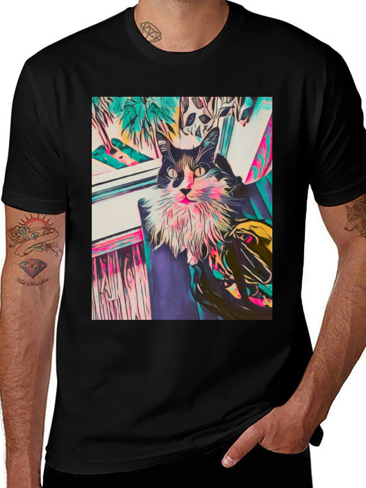 Camiseta Negra con Diseño de Gato Abstracto