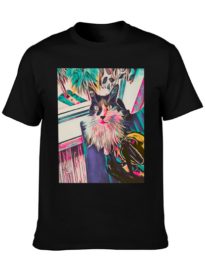 Camiseta Negra con Diseño de Gato Abstracto
