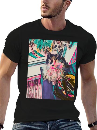 Camiseta Negra con Diseño de Gato Abstracto