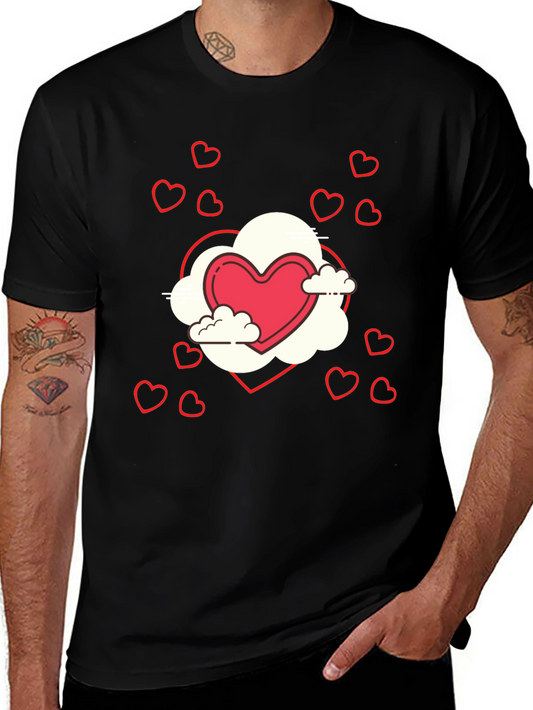 Camiseta Negra con Diseño de Corazón y Nubes Romántico