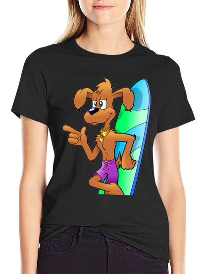 Camiseta Negra con Diseño de Perro Surfista