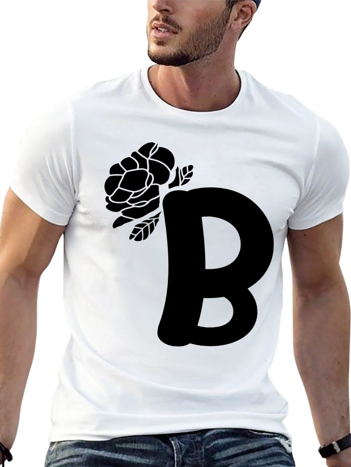 Camiseta Negra con Diseño de Letra y Rosa