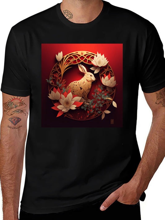 Camiseta Hombre Conejo Dorado Diseño Floral