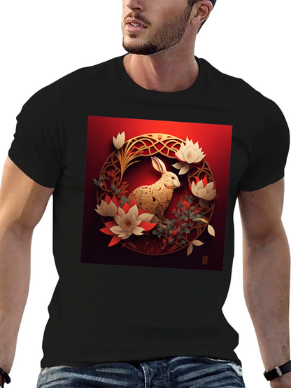 Camiseta Hombre Conejo Dorado Diseño Floral