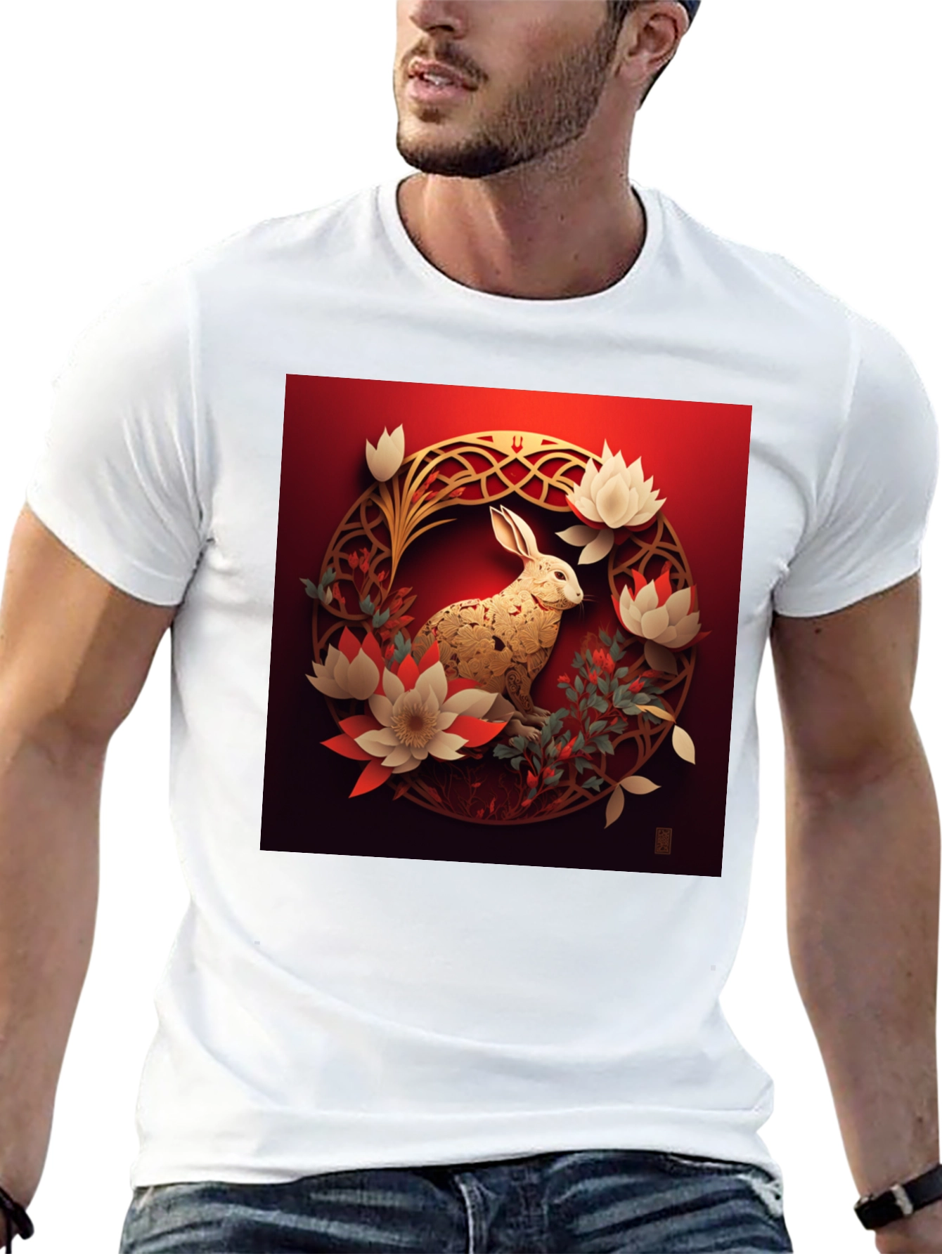 Camiseta Hombre Conejo Dorado Diseño Floral