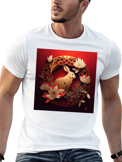 Camiseta Hombre Conejo Dorado Diseño Floral