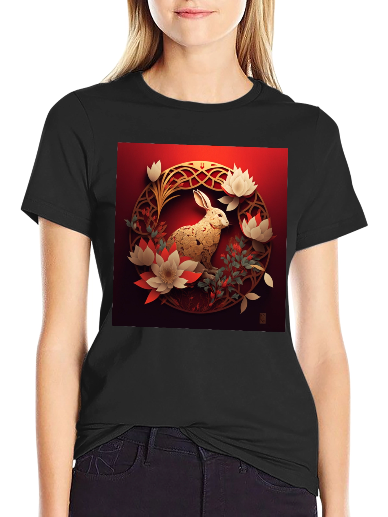 Camiseta Hombre Conejo Dorado Diseño Floral