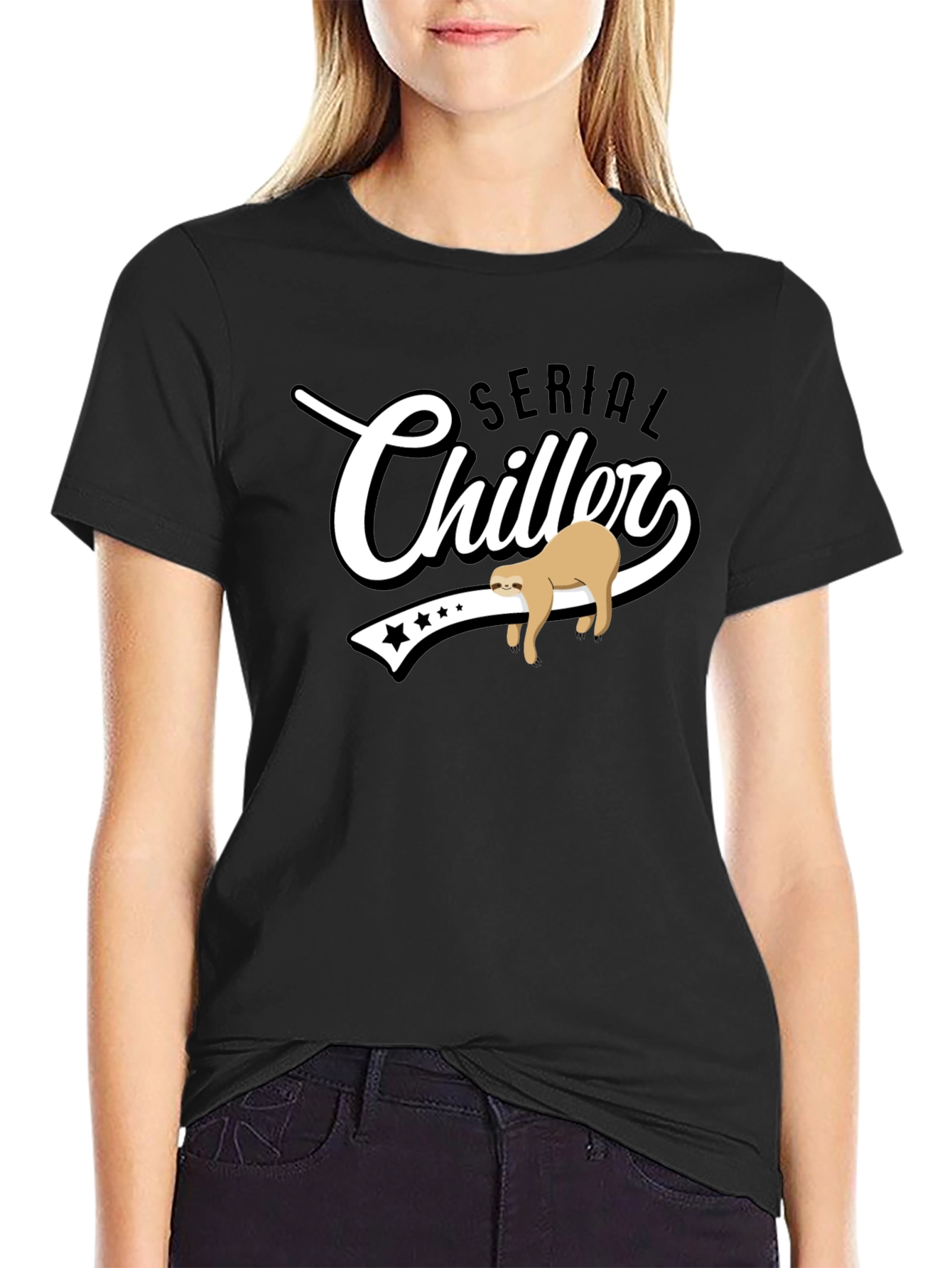 Camiseta Negra Serial Chiller con Diseño de Perezoso