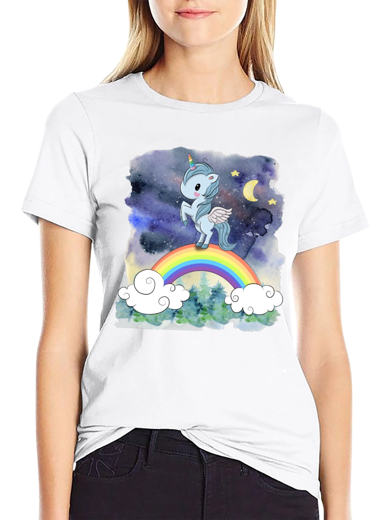 Camiseta Hombre Unicornio Arcoíris Cielo Estrellado