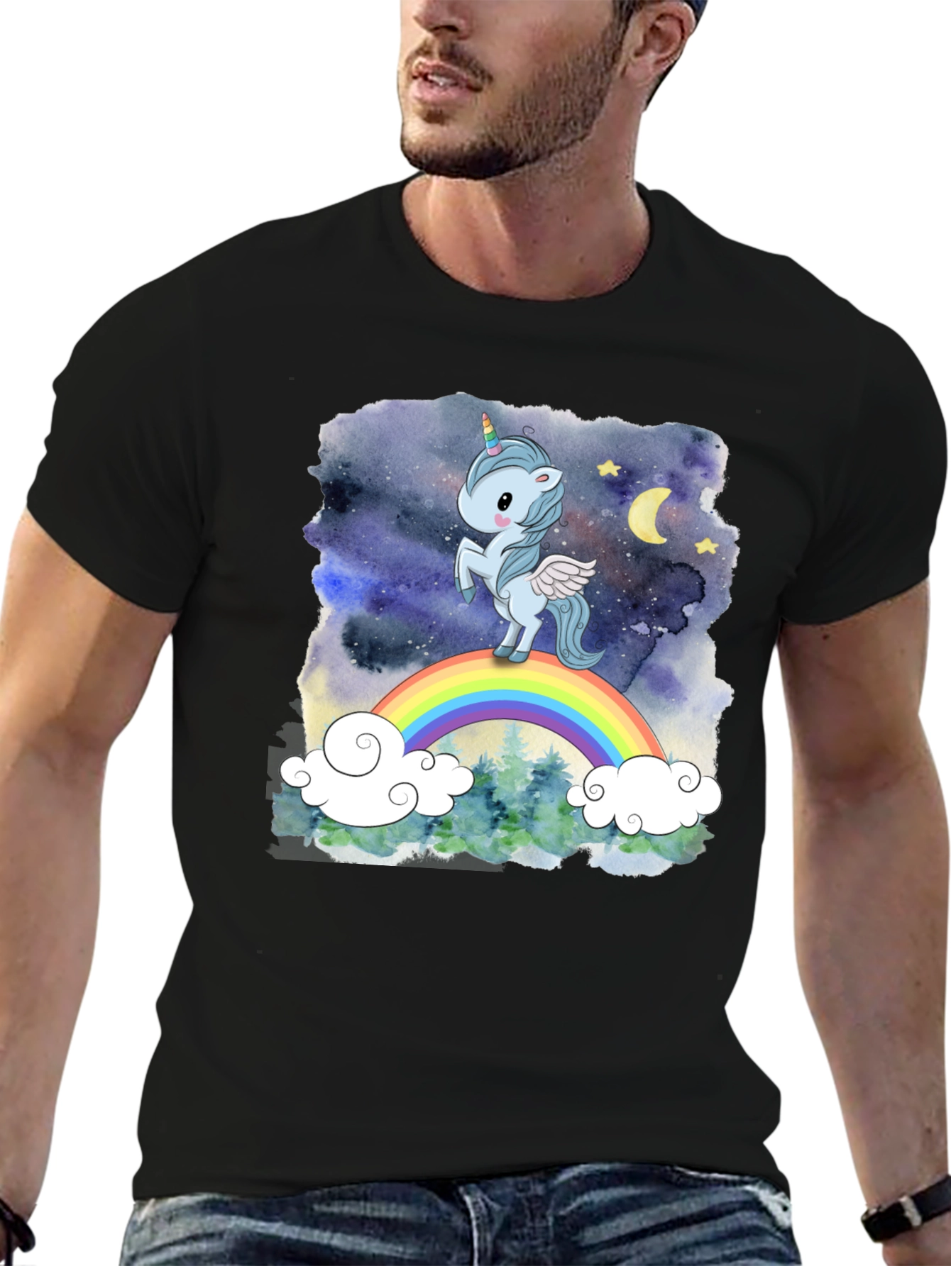 Camiseta Hombre Unicornio Arcoíris Cielo Estrellado