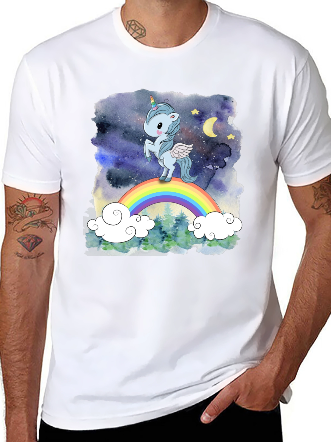 Camiseta Hombre Unicornio Arcoíris Cielo Estrellado