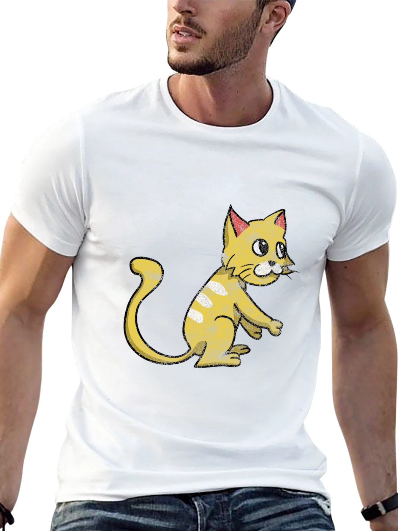 Camiseta Negra con Diseño de Gato Amarillo Divertido