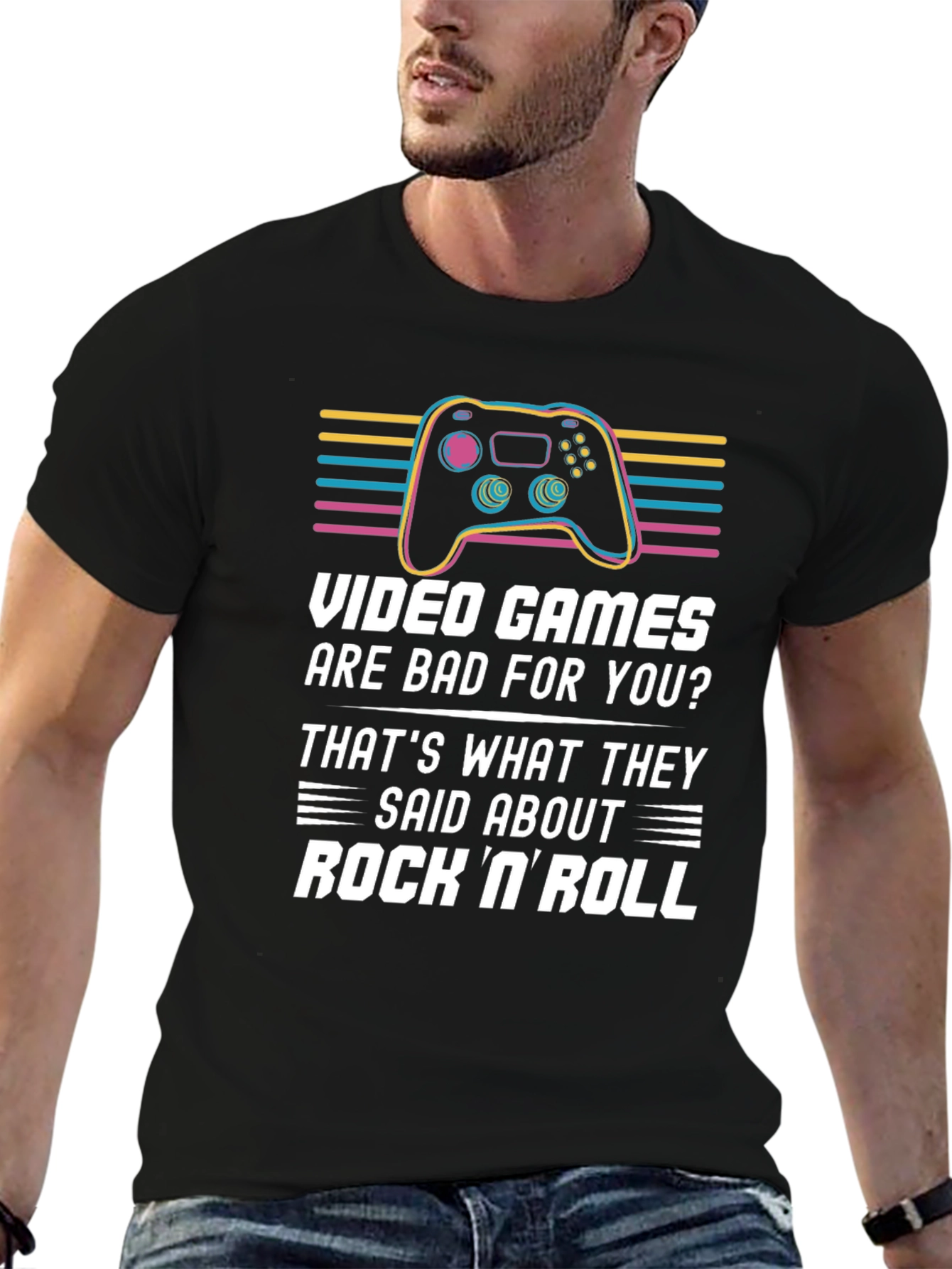 Camiseta Negra Gamer: Videojuegos vs. Rock N Roll