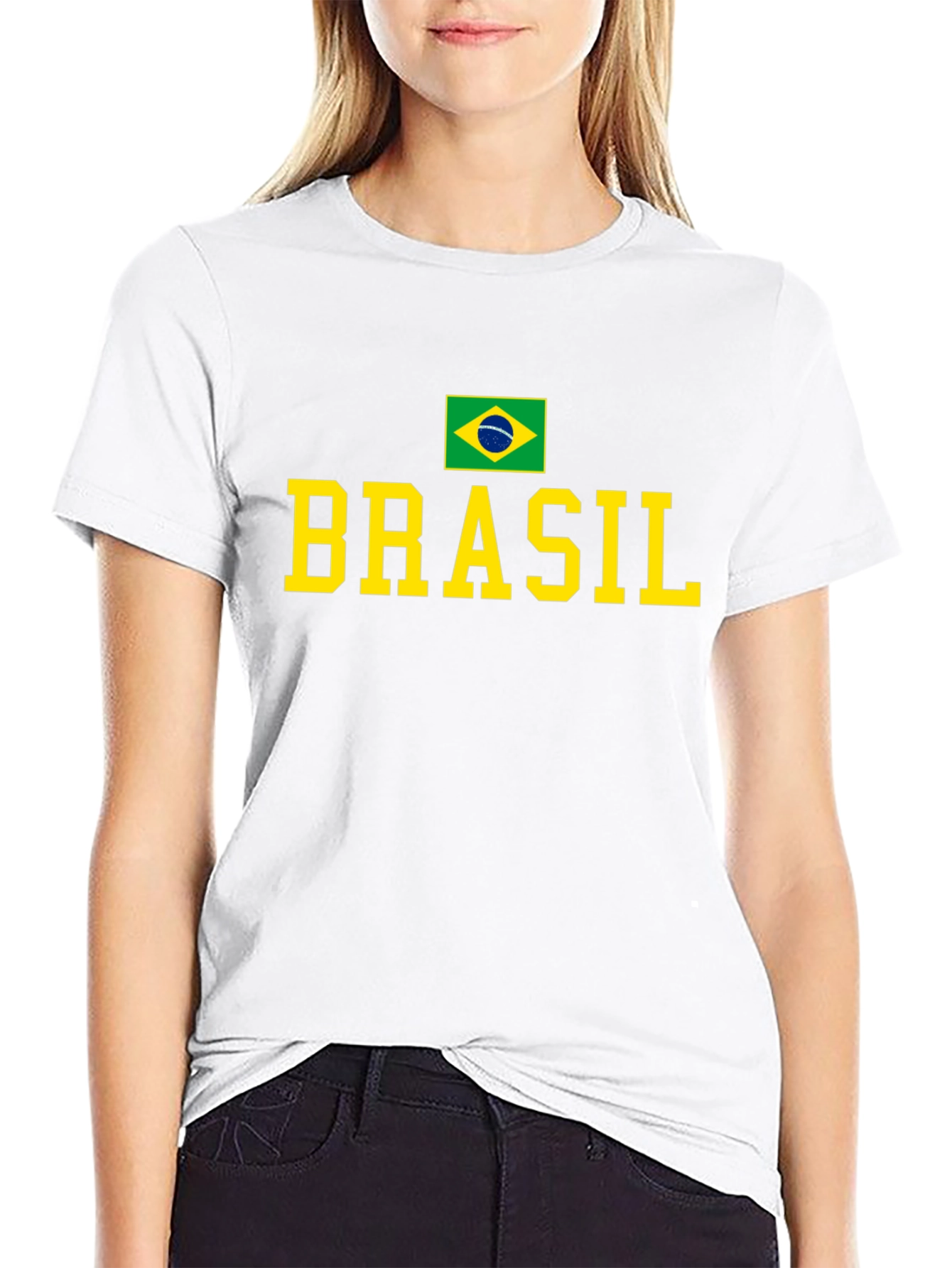 Camiseta Negra Brasil con Bandera y Letras Amarillas