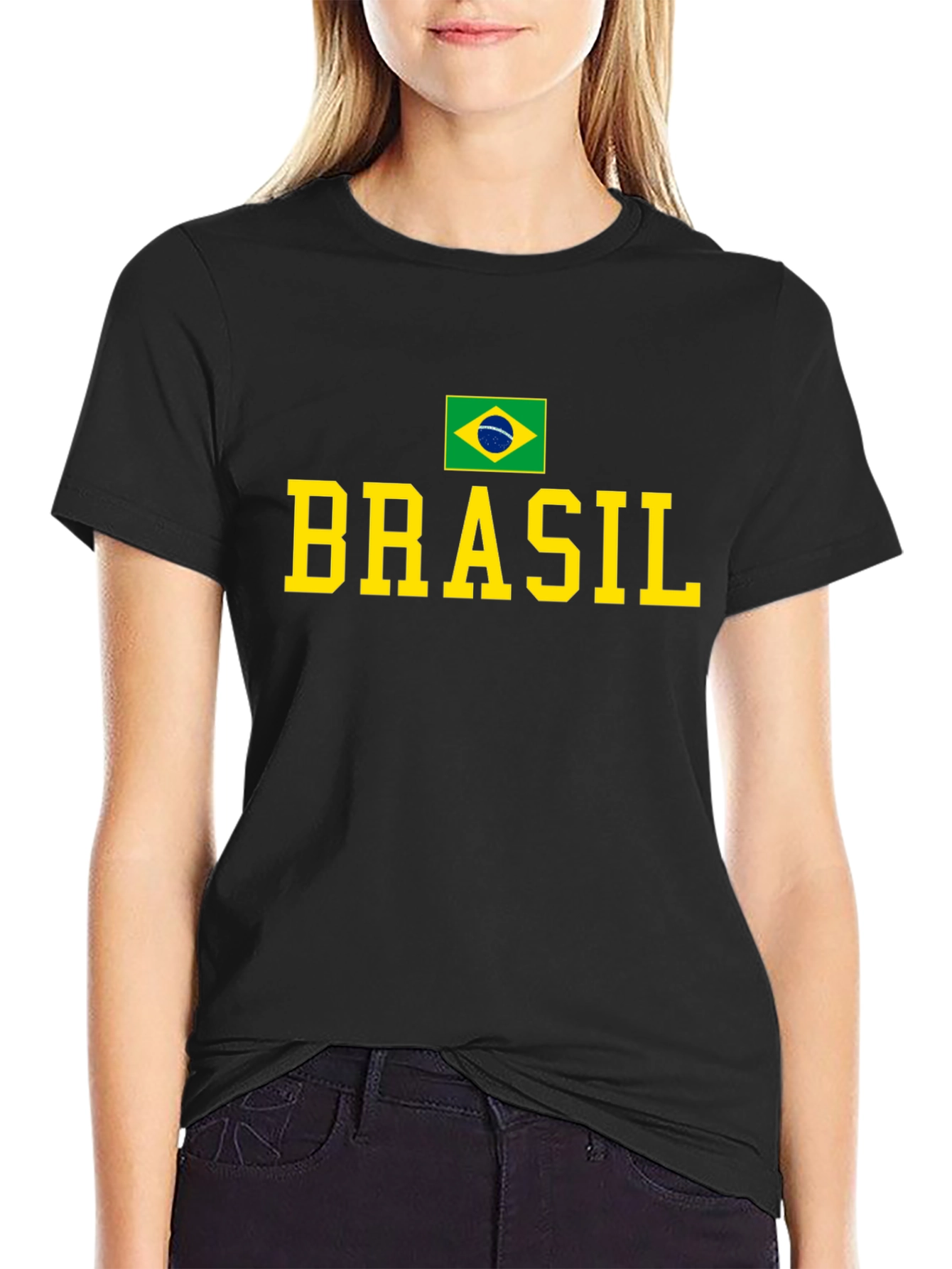 Camiseta Negra Brasil con Bandera y Letras Amarillas