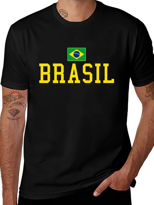 Camiseta Negra Brasil con Bandera y Letras Amarillas