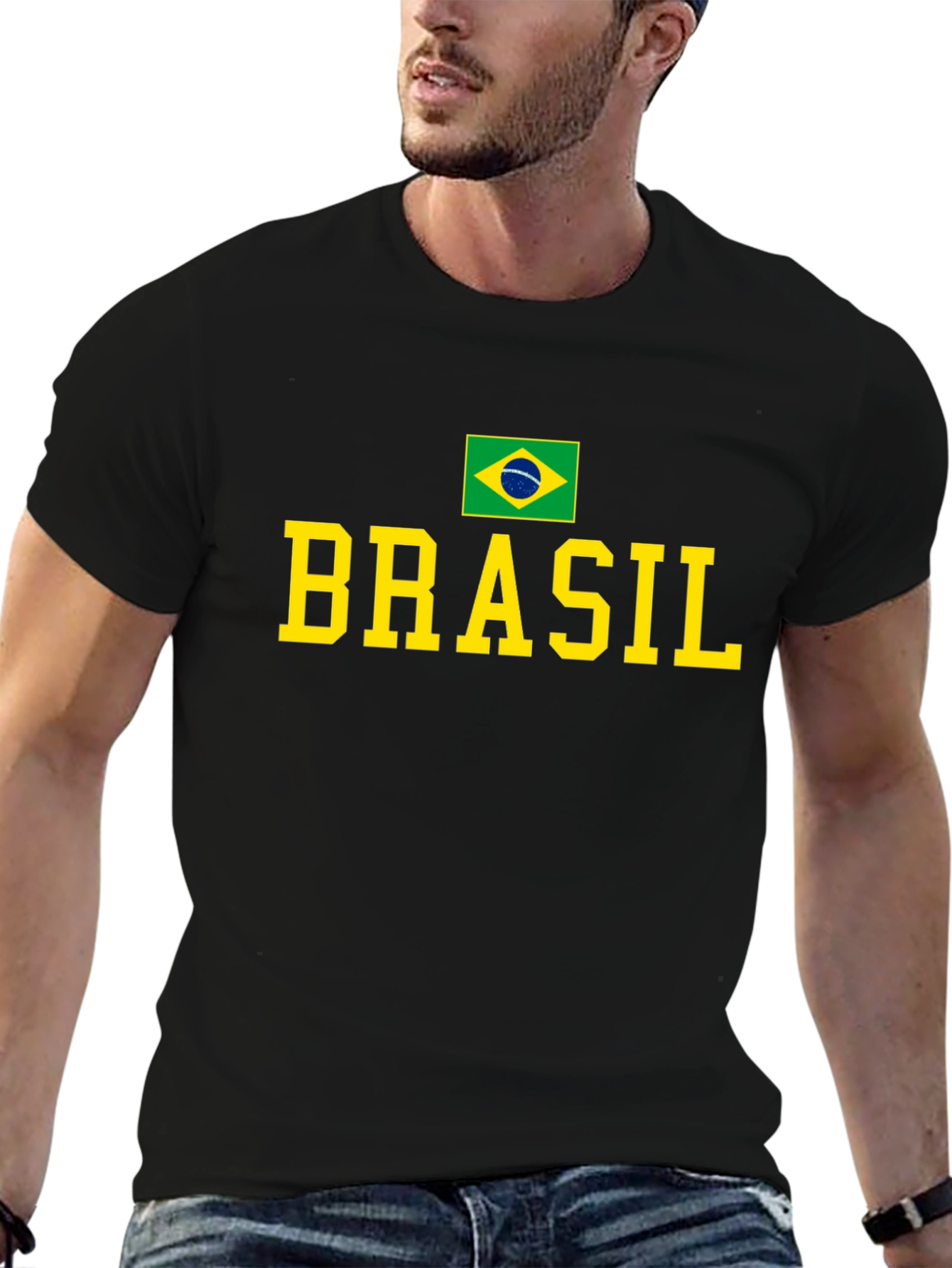 Camiseta Negra Brasil con Bandera y Letras Amarillas