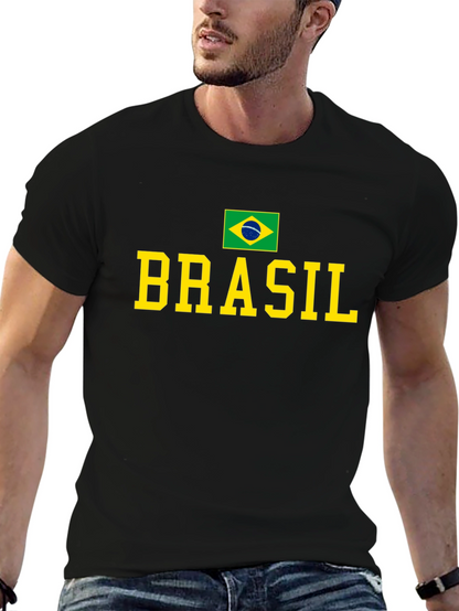 Camiseta Negra Brasil con Bandera y Letras Amarillas