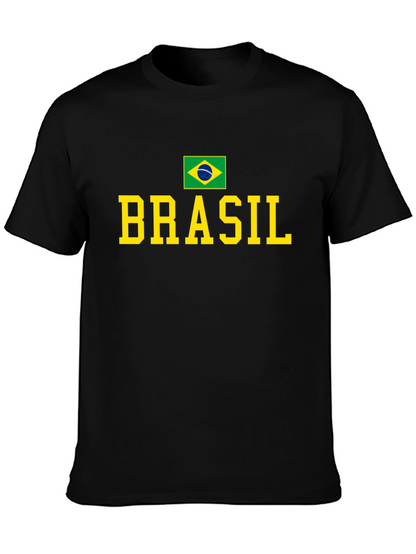 Camiseta Negra Brasil con Bandera y Letras Amarillas