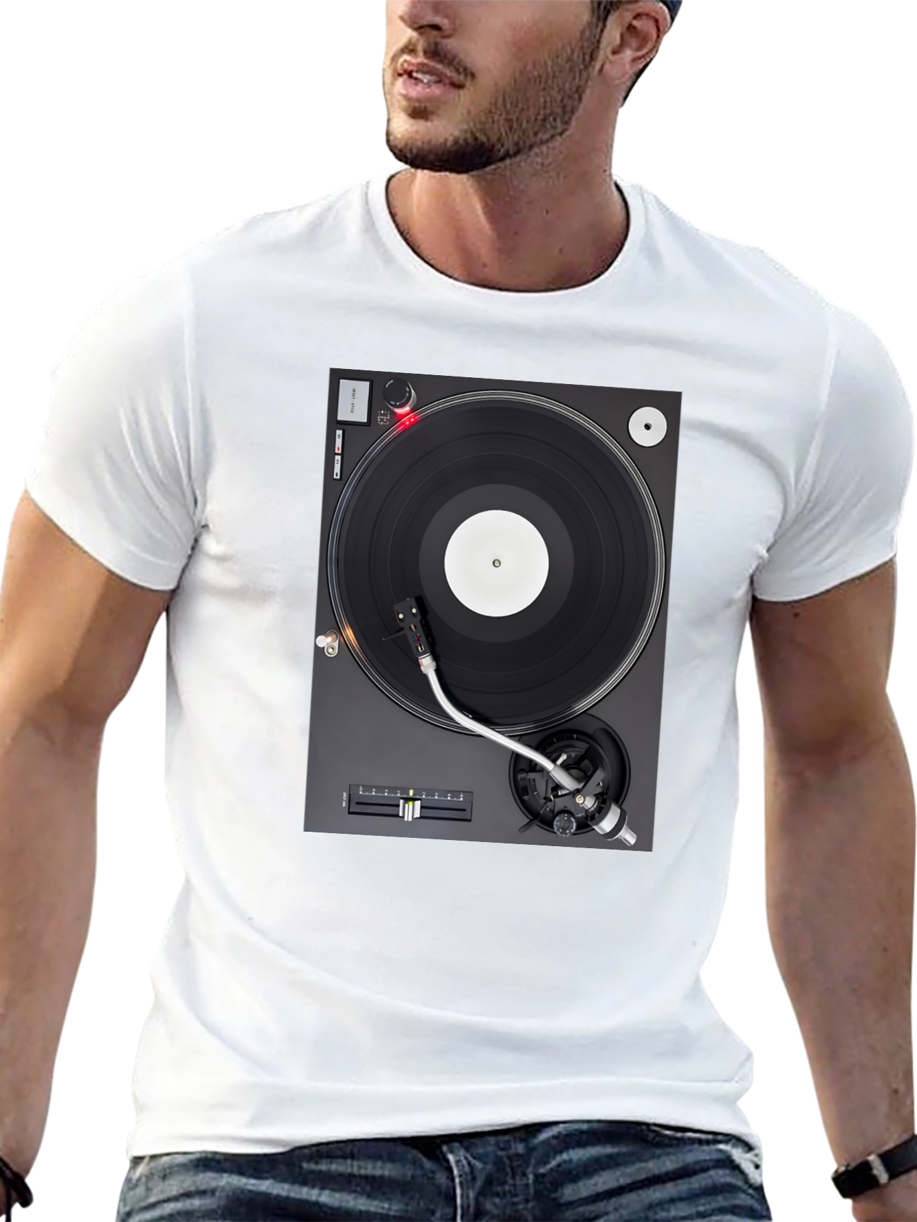 Camiseta Negra con Diseño de Tocadiscos