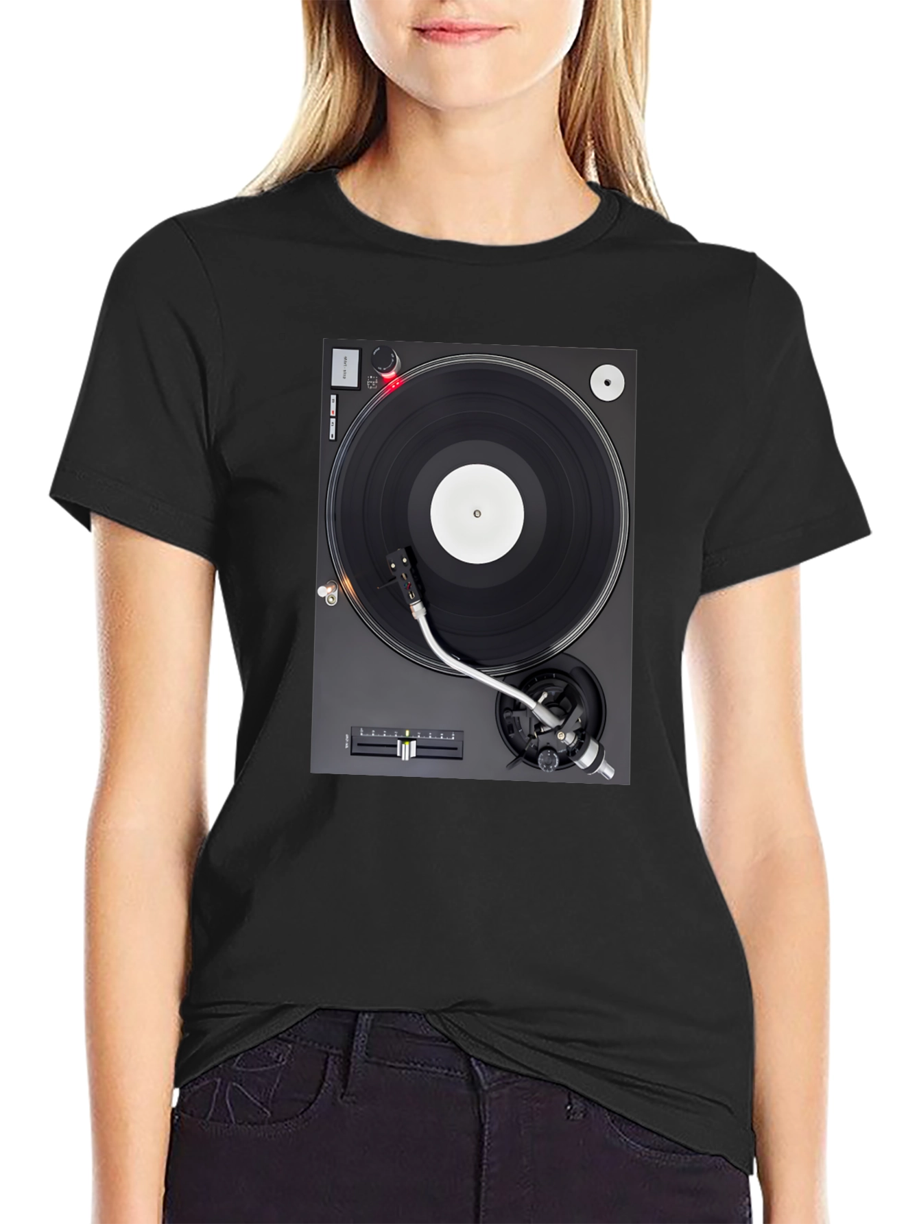 Camiseta Negra con Diseño de Tocadiscos