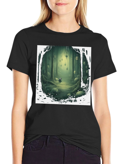 Camiseta Negra con Diseño Bosque Misterioso
