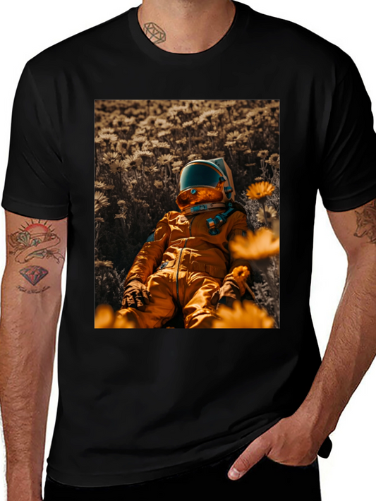 Camiseta Negra con Diseño de Astronauta en Campo Floral