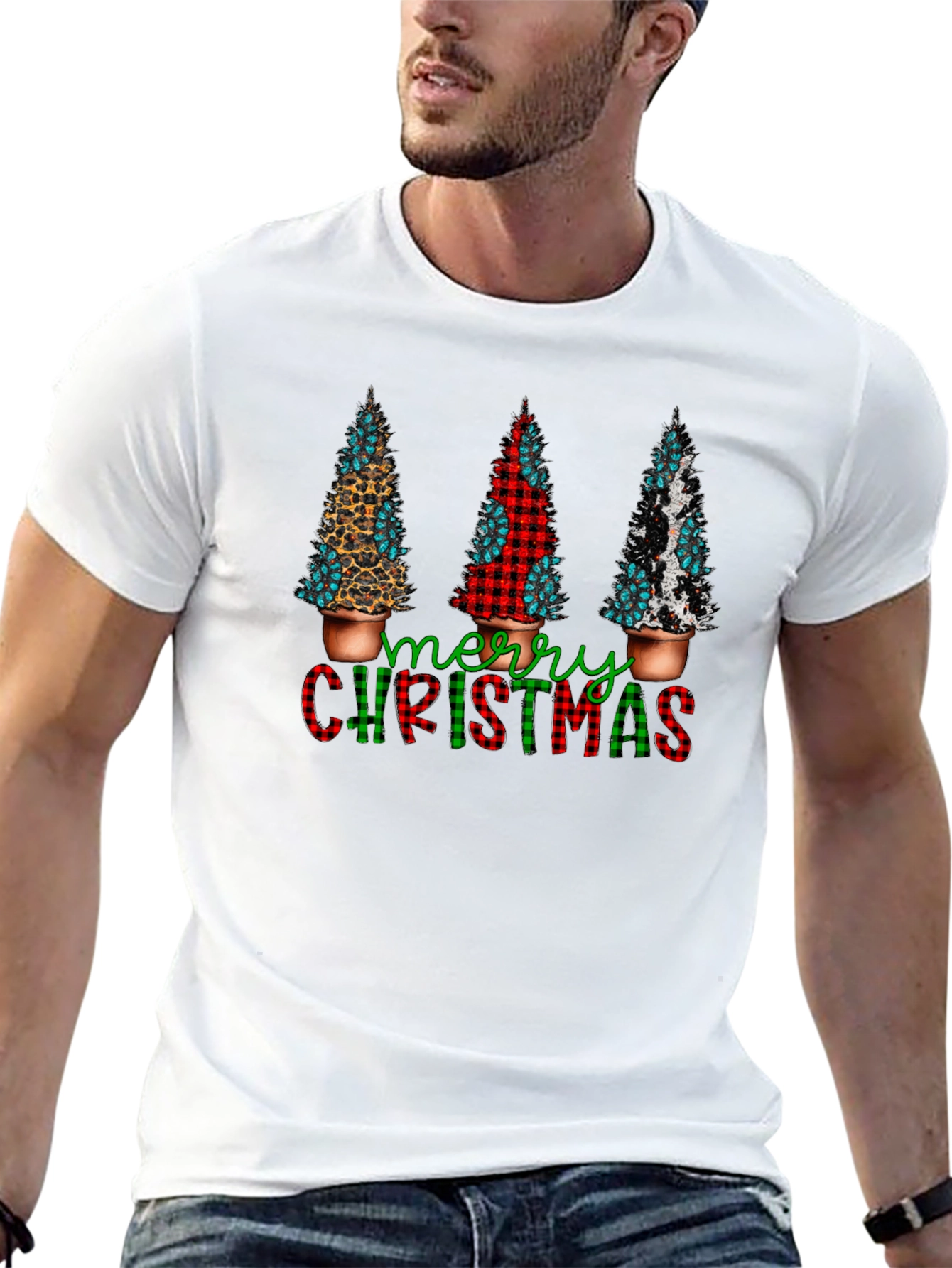 Camiseta Navideña con Estampado de Árboles