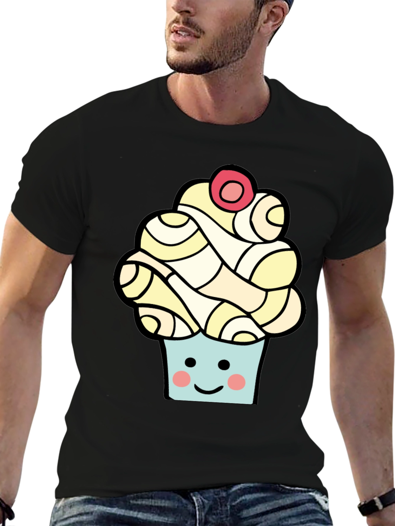 Camiseta Negra con Diseño de Cupcake Sonriente