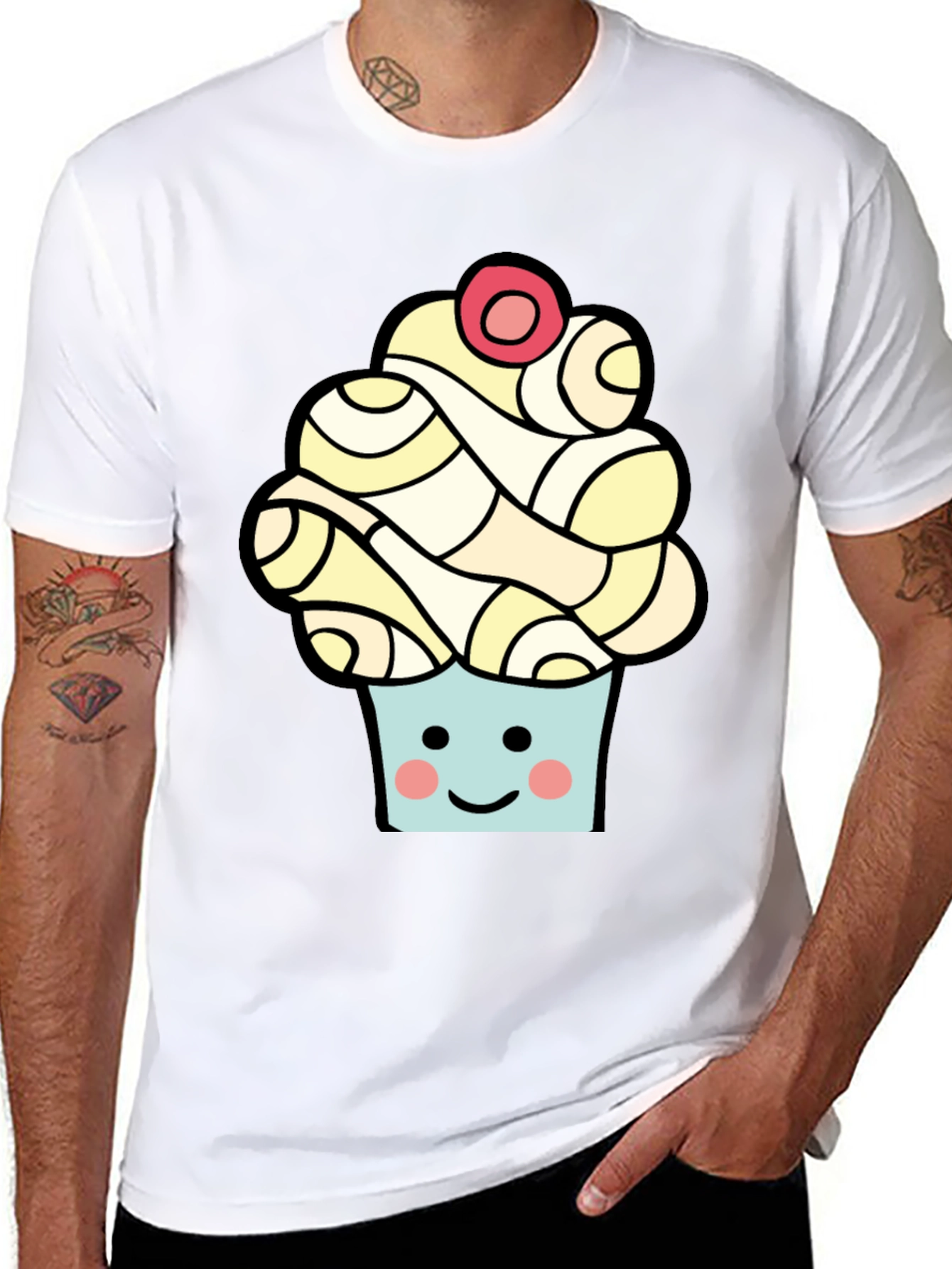 Camiseta Negra con Diseño de Cupcake Sonriente