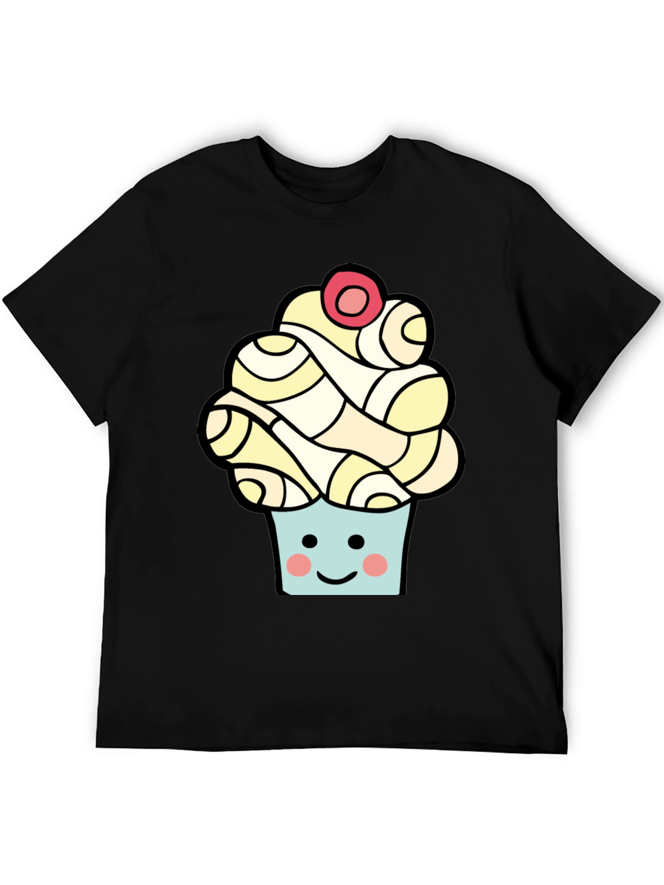 Camiseta Negra con Diseño de Cupcake Sonriente