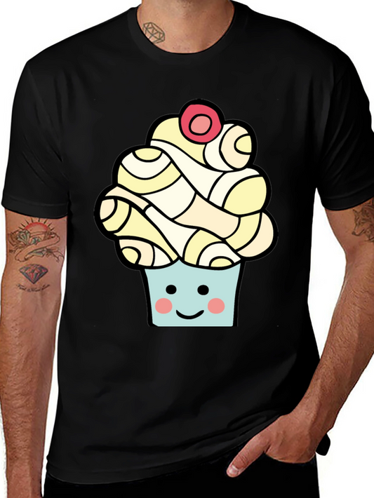 Camiseta Negra con Diseño de Cupcake Sonriente
