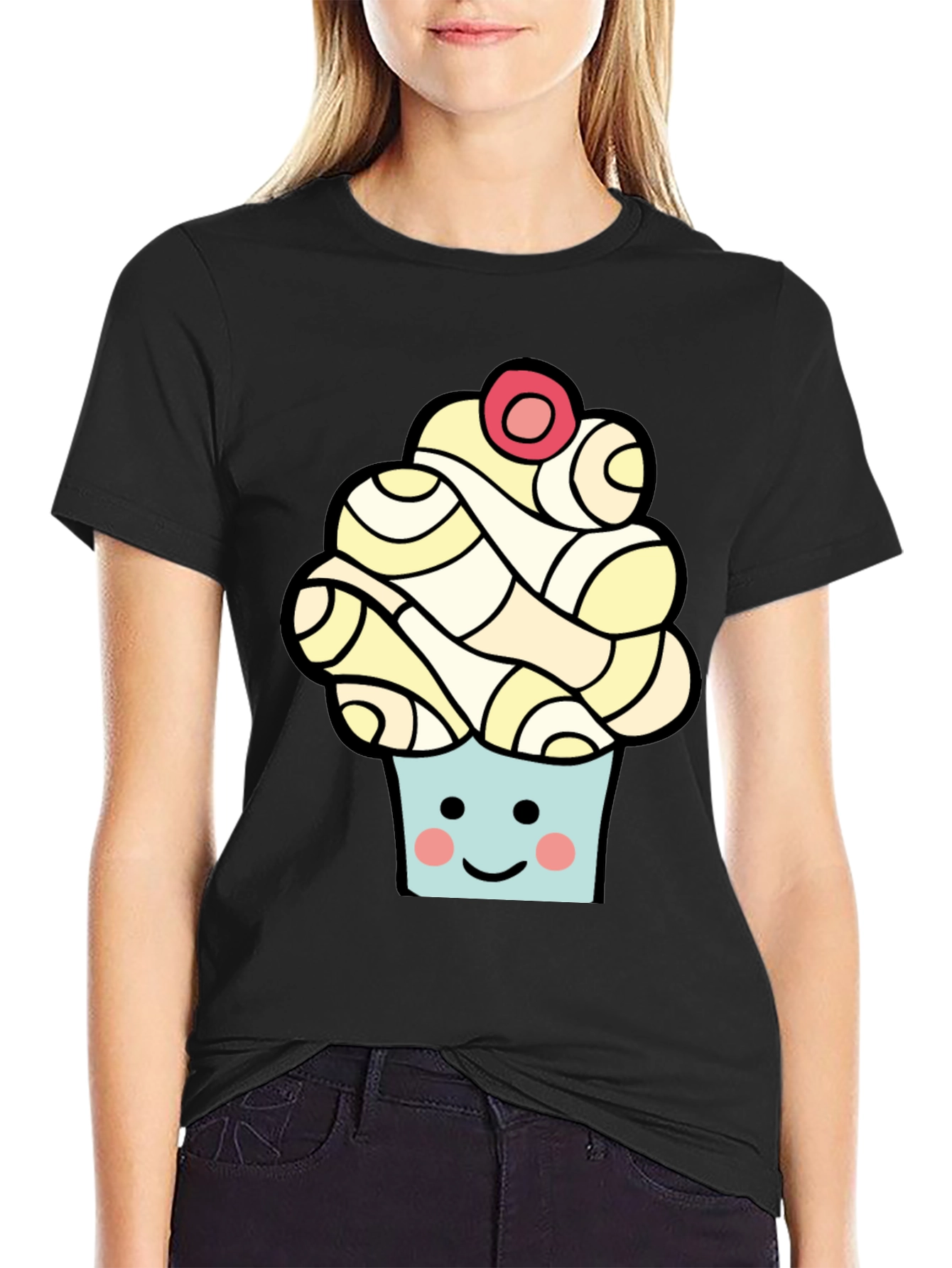 Camiseta Negra con Diseño de Cupcake Sonriente