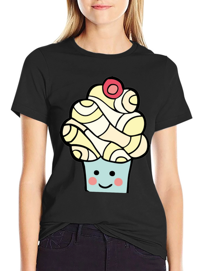 Camiseta Negra con Diseño de Cupcake Sonriente