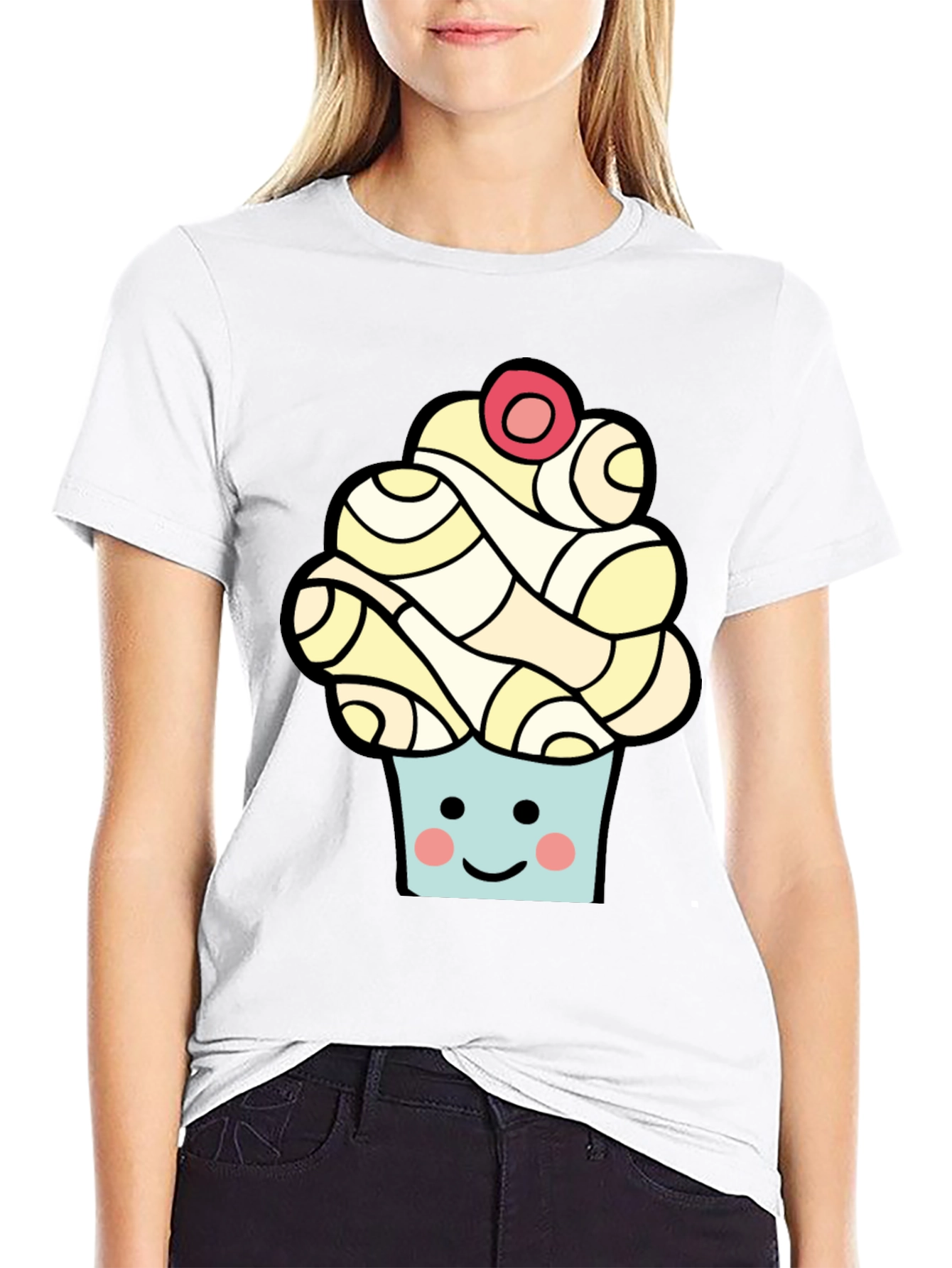 Camiseta Negra con Diseño de Cupcake Sonriente