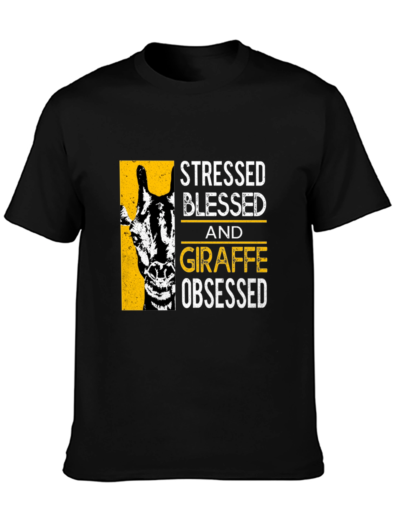 Camiseta Negra: Stressed Blessed Giraffe Obsessed