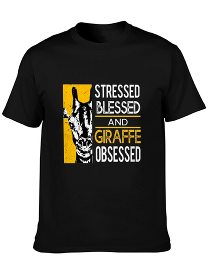 Camiseta Negra: Stressed Blessed Giraffe Obsessed