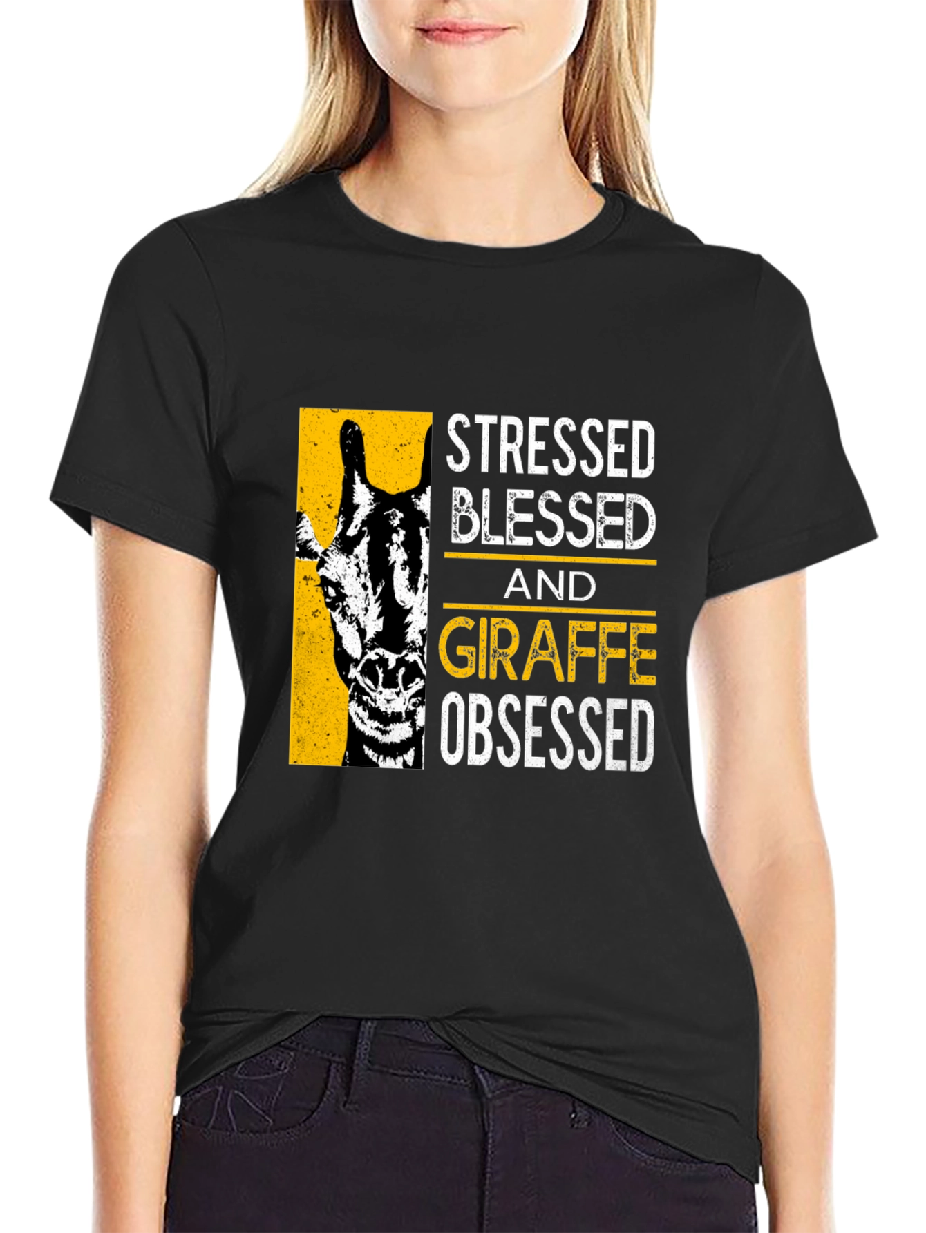 Camiseta Negra: Stressed Blessed Giraffe Obsessed
