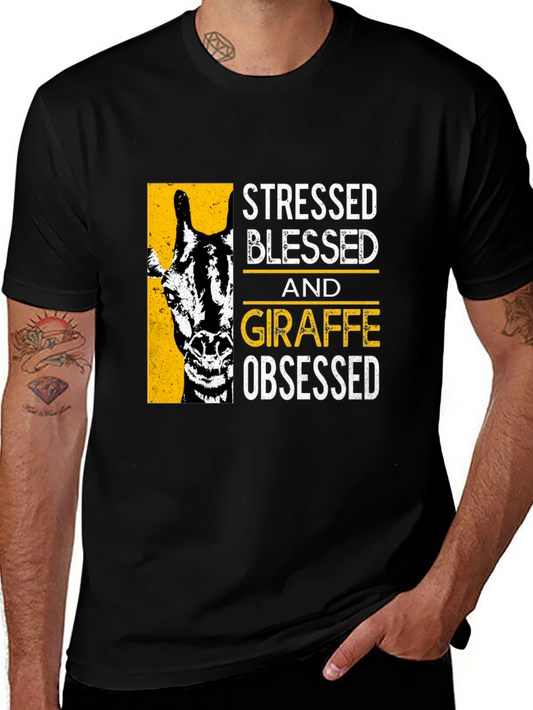 Camiseta Negra: Stressed Blessed Giraffe Obsessed