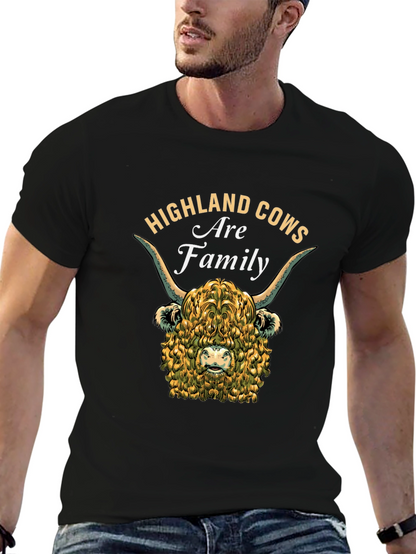 Camiseta Negra con Diseño de Vaca Highland Familiar