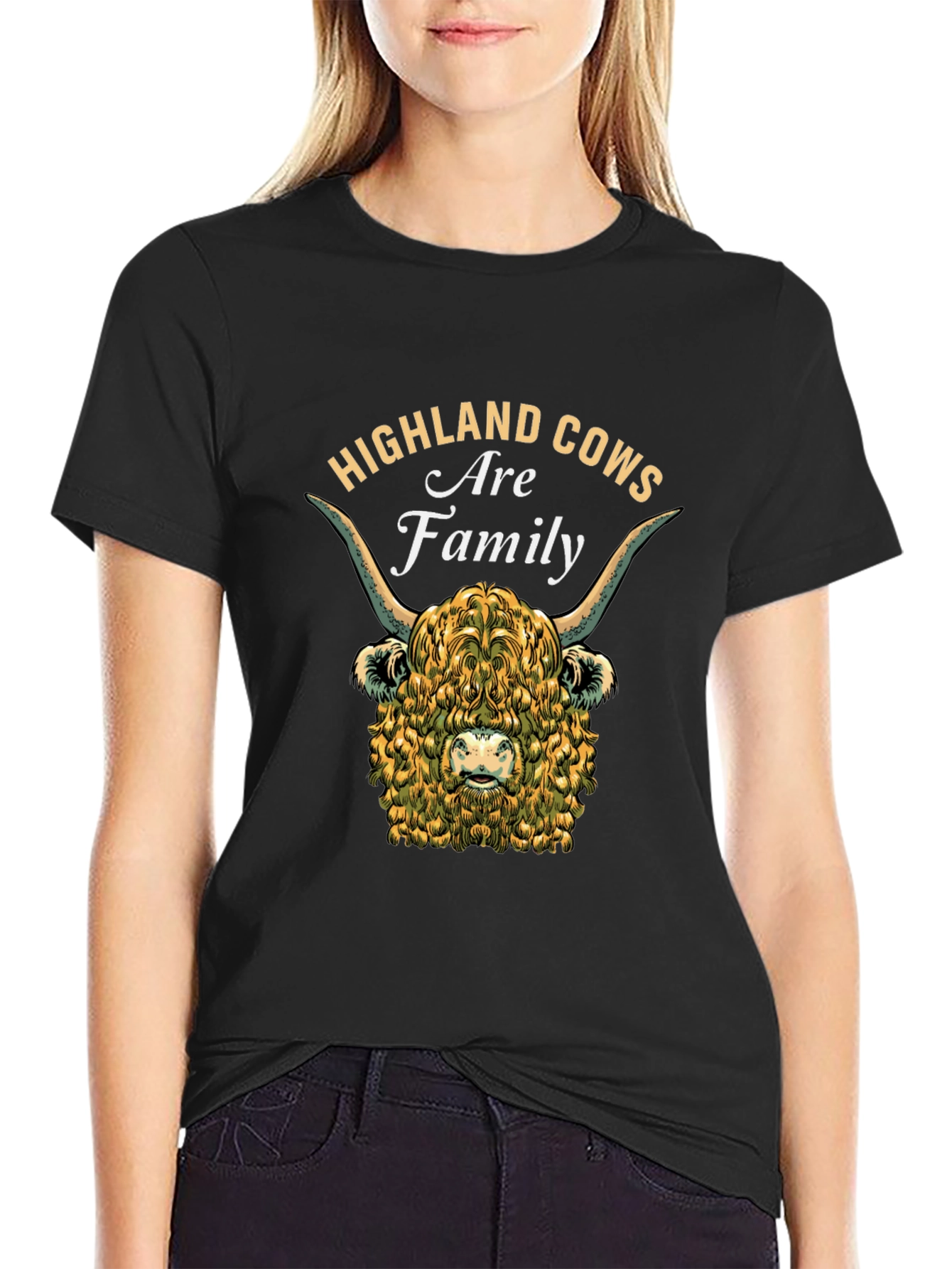 Camiseta Negra con Diseño de Vaca Highland Familiar