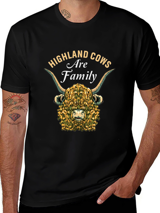 Camiseta Negra con Diseño de Vaca Highland Familiar