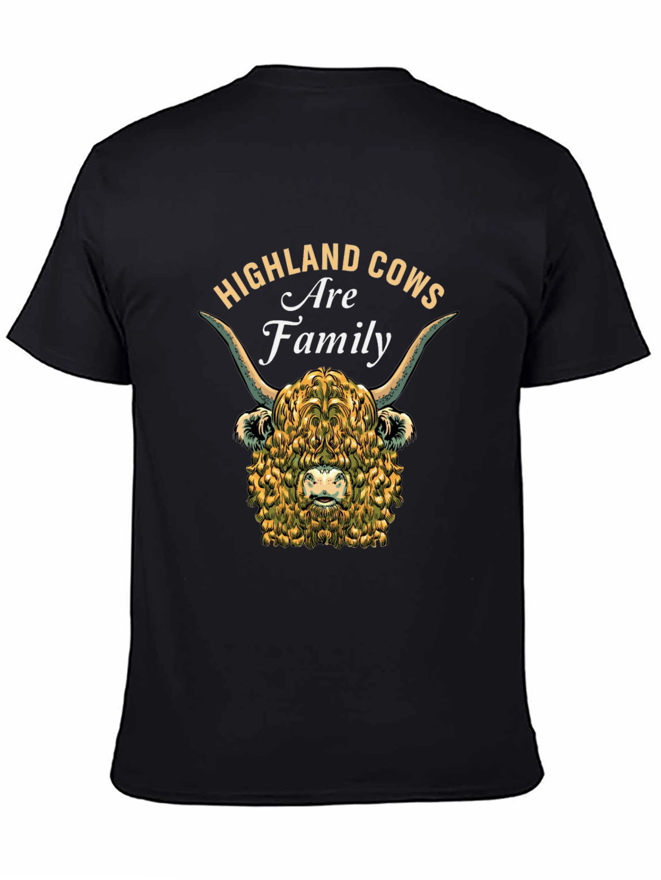 Camiseta Negra con Diseño de Vaca Highland Familiar