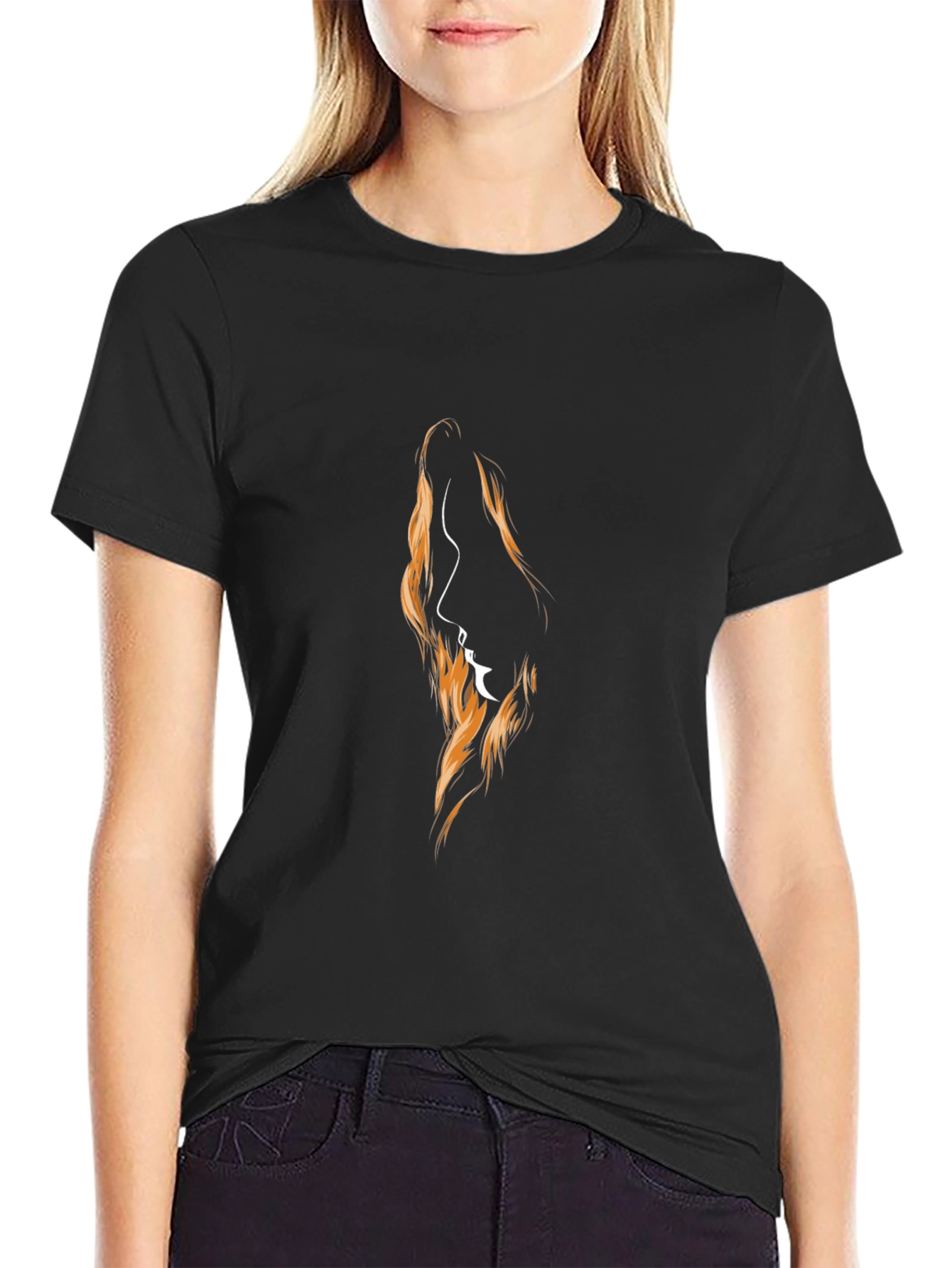 Camiseta Negra con Diseño Abstracto de Perfil Femenino