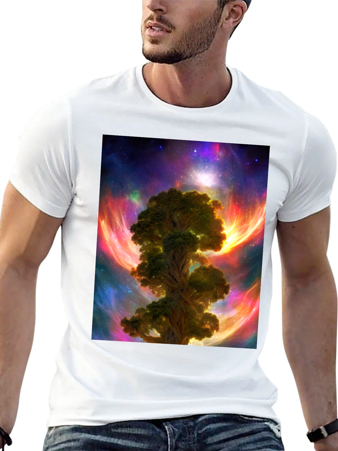 Camiseta Negra con Diseño Árbol Cósmico