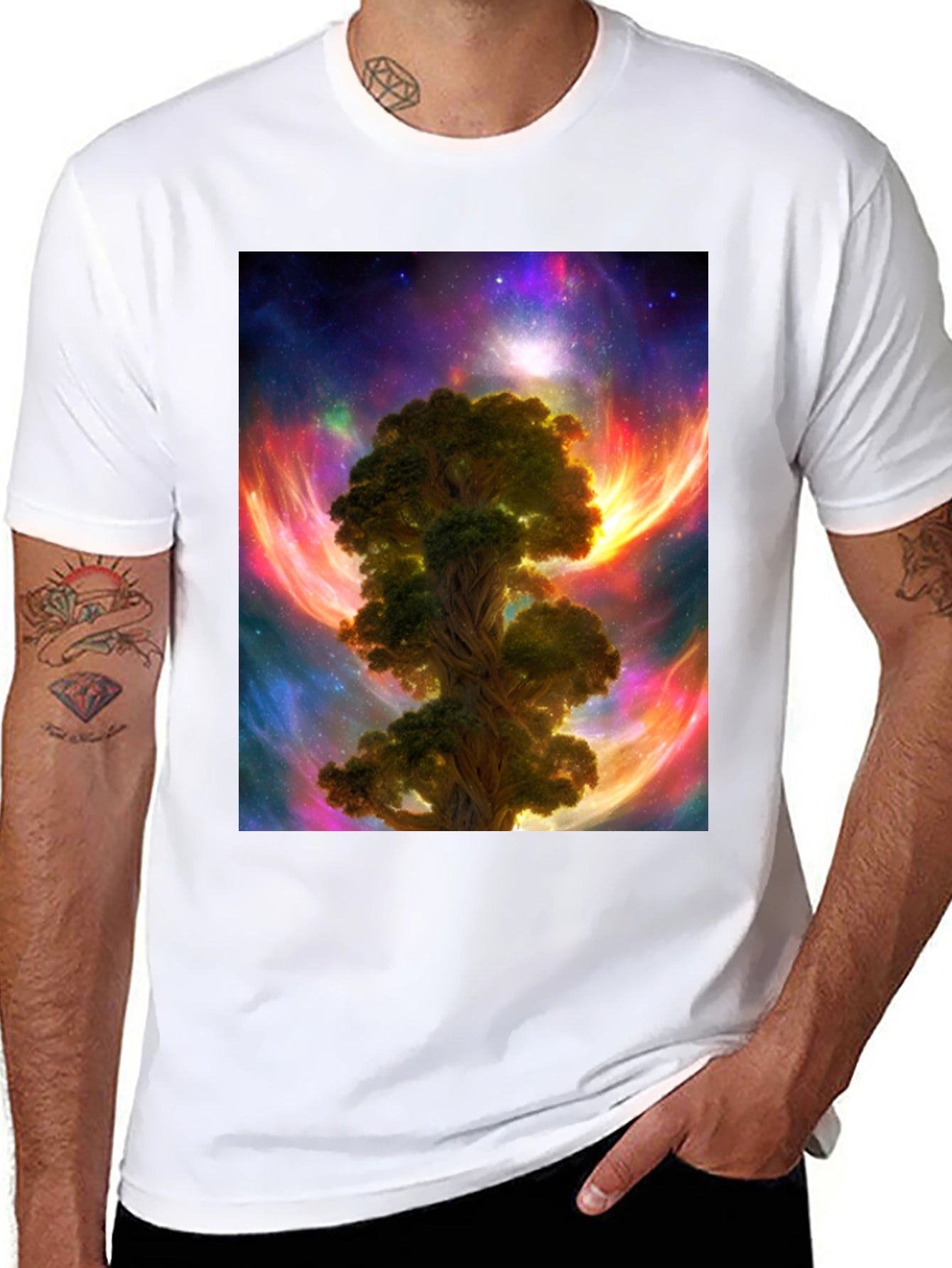 Camiseta Negra con Diseño Árbol Cósmico