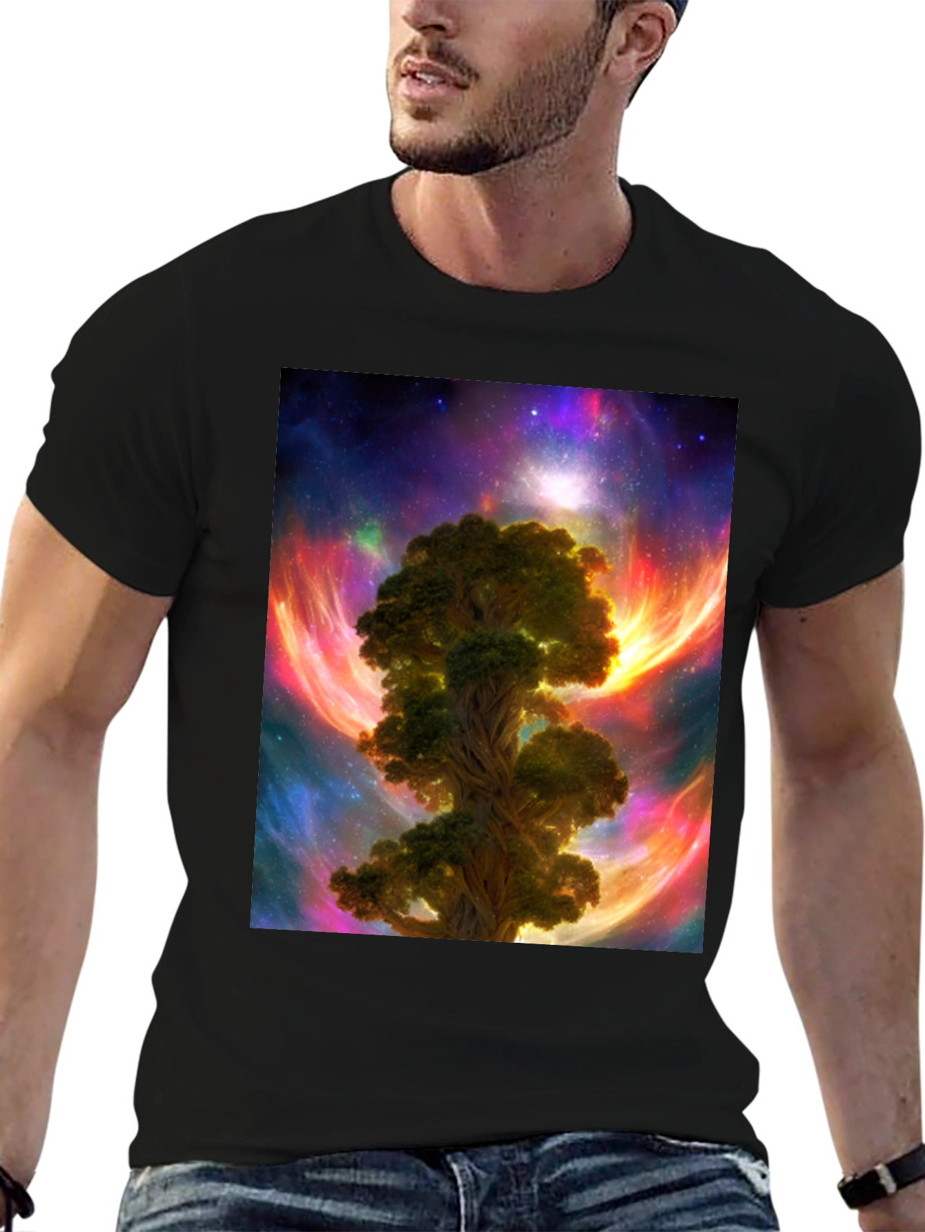 Camiseta Negra con Diseño Árbol Cósmico