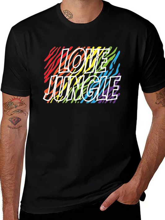 Camiseta Negra Love Jungle con Estampado de Cebra Arcoíris
