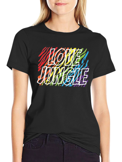 Camiseta Negra Love Jungle con Estampado de Cebra Arcoíris