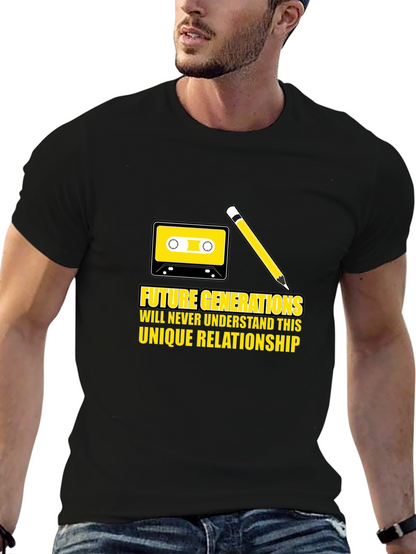 Camiseta Negra Retro: Cinta y Lápiz Relación Única